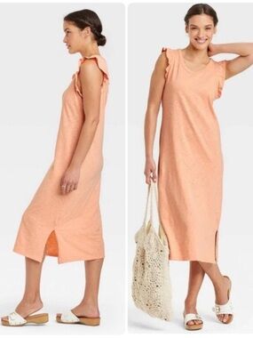 Universal Thread 100% Cotton Peach Sleeveless Ruffle Midi Dress